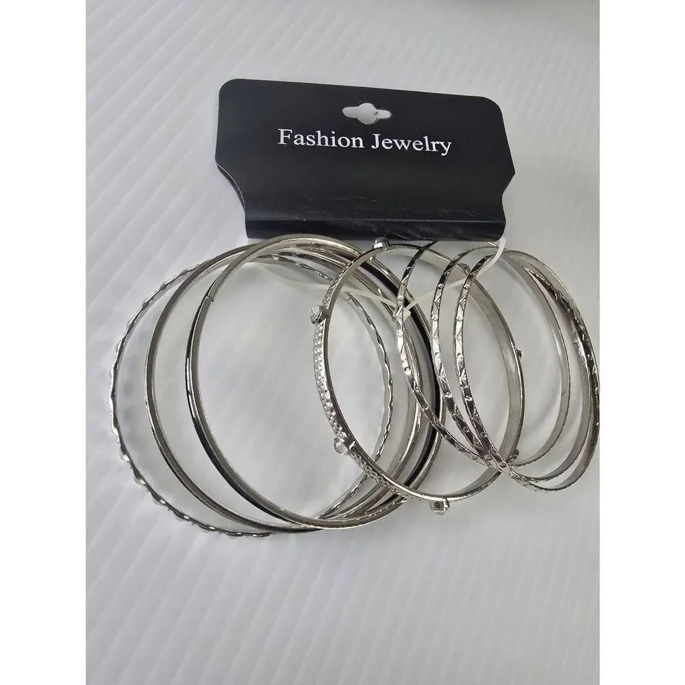 Bangle Bracelets set of Seven Silver/Black